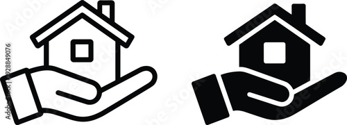 Black silhouette and outlined icon of hand holding house with chimney and window, symbolizing real estate, insurance, and property protection