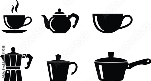 Black silhouette icons of coffee cups, teapot, moka pot, carafe, and saucepan kitchenware collection for beverage preparation design