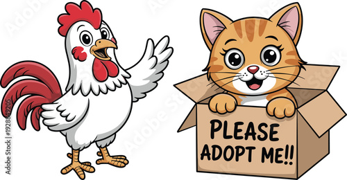 Cartoon rooster with red comb standing beside cardboard box containing cute kitten with adopt me message, animal adoption concept illustration