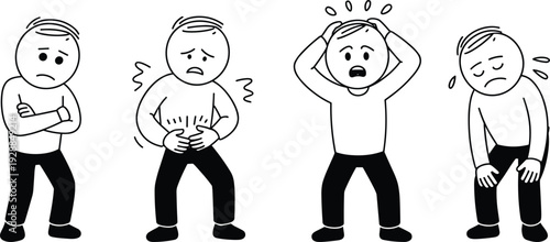Cartoon silhouettes of people showing emotional distress, stomach pain, stress, and fatigue symptoms for medical, health, and lifestyle design