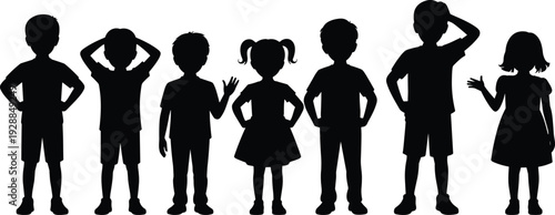 Collection of child silhouettes in diverse standing and expressive poses showing gestures, playfulness, and lifestyle activities in vector design