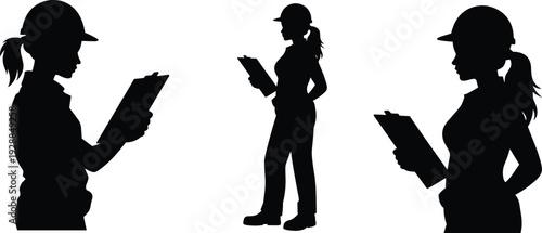 Female construction engineer silhouette set, woman worker with clipboard inspection and safety helmet isolated on white background