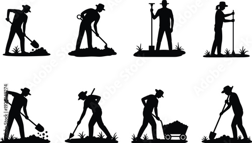 Farmer and gardener silhouette set, agricultural workers digging soil with shovel tools isolated on white background
