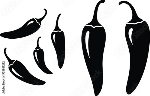 Collection of chili pepper silhouettes in diverse shapes and sizes showing spicy food, culinary ingredient, and vector design illustration