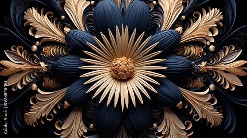 Wallpaper Mural Intricate Dark Blue and Gold Floral Ornament Design Torontodigital.ca