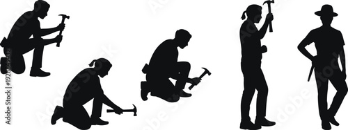 Carpenter and construction worker silhouettes with hammer tools, manual labor professionals isolated on white background repair concept