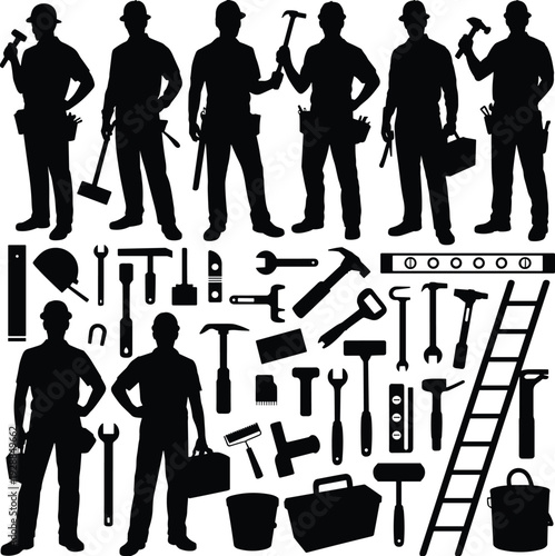 Construction worker silhouettes and tools collection, professional handyman equipment set isolated on white background