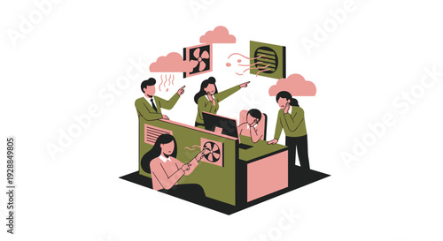 Office workers are depicted suffering from poor ventilation with fans and grey clouds symbolizing bad air quality in a confined workspace, Generative AI.