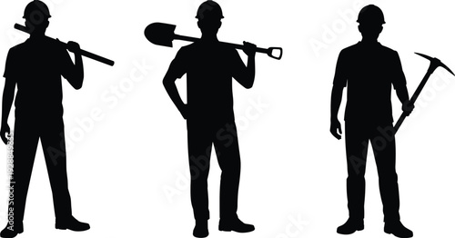 Construction worker silhouettes with shovel and pickaxe tools, industrial labor isolated on white background
