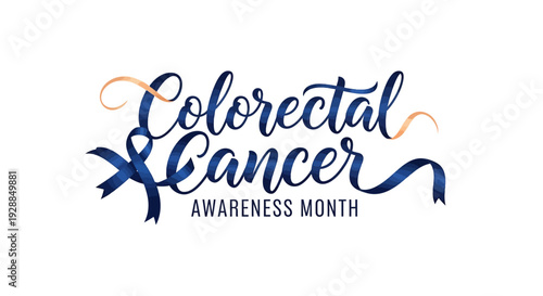 Colorectal Cancer Awareness Month logo with blue ribbon and cursive text on white background