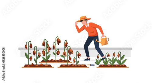 A concerned gardener in a hat attempts to water withered brown plants in a dry garden with a few healthy green plants visible, Generative AI.
