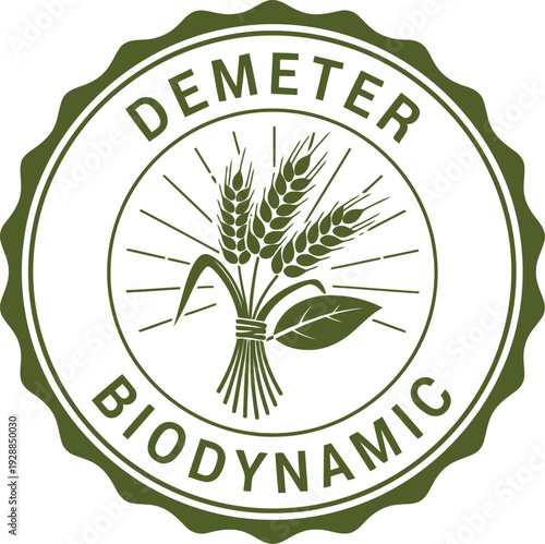 Demeter Biodynamic Certified Organic Agriculture Badge with Wheat and Leaf Icon Vector
