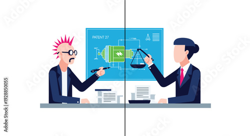 A punk inventor and a corporate lawyer sit at a table separated by a vertical line discussing a patent blueprint and legal scales, Generative AI.