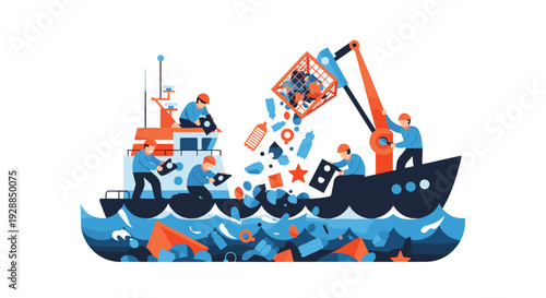 An illustration depicts a large ship on a blue sea with multiple workers operating a crane to collect various plastic waste from the polluted water, Generative AI.