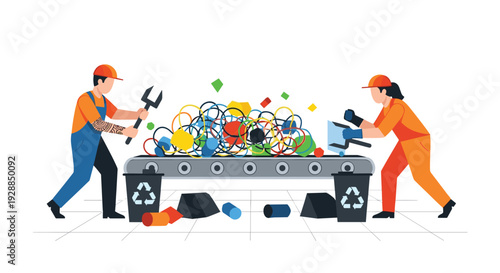 Two factory workers are sorting a large pile of colorful tangled plastic waste on a conveyor belt with recycle bins below, Generative AI.