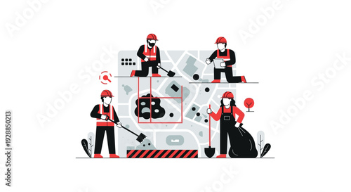 Four dedicated cleanup workers in safety vests and hard hats meticulously clear a polluted zone highlighted by red outlines on a large environmental map, Generative AI.