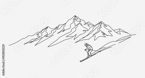 Hand drawn sketch of a lone skier descending a snowy mountain slope.