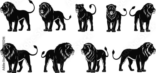 Lion Silhouette Collection, African Safari Predator Vector Set, Majestic King Animal Icons, Wild Cat Graphics, cad drawing flat vector illustration