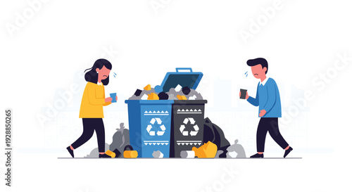 A disheartened man and woman both engrossed in their phones walk past overflowing blue and black recycling bins amidst large piles of scattered garbage, Generative AI.