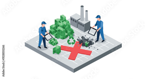 Two diligent workers in blue uniforms manage waste one adding green recyclable blocks to a pile the other removing rubble from a red 'X' mark near a factory, Generative AI.
