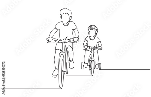 Continuous one line drawing of siblings riding bicycle togther, leisure activity for siblings concept, single line art.