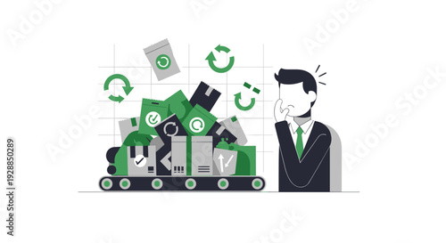 A worried businessman observes an overloaded conveyor belt filled with green and grey packages many featuring prominent recycling symbols against a clean white background, Generative AI.