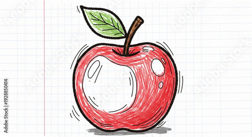 Hand drawn red apple with a green leaf and stem.