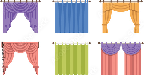 Collection of elegant colorful curtains and window drapery with swags valances and decorative pelmets in flat vector style for interior home decor design elements