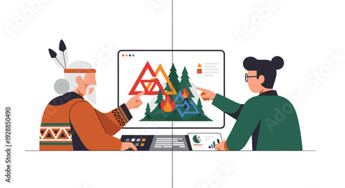 An indigenous man and a modern woman are pointing at a computer screen displaying a divided forest with abstract shapes and fire, Generative AI.