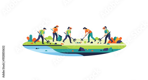 Five cartoon people are diligently cleaning a vibrant green outdoor landscape with rakes and a trash bag beside a blue river, Generative AI.