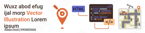 Web design, programming, geolocation, navigation systems, coding education, and HTML visualization. A pinpoint icon, HTML code snippet and a map layout. Web design and programming education