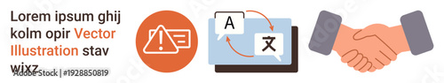 Communication, translation services, partnership, collaboration, language solutions, notifications. Alert symbol, translation exchange and handshake icons. Communication and translation services