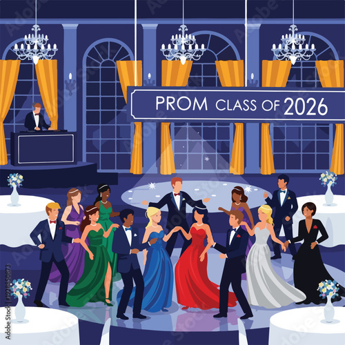 A group dances at a high school prom, celebrating a special event