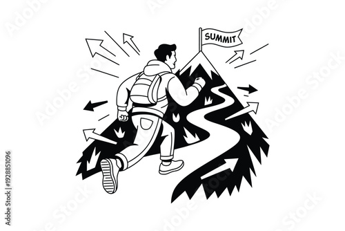 A man running towards the mountain summit with a backpack on