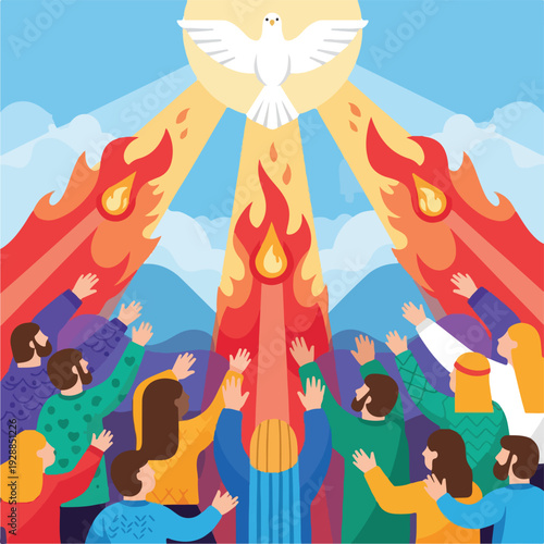 A group of people with hands raised toward a white dove & rays