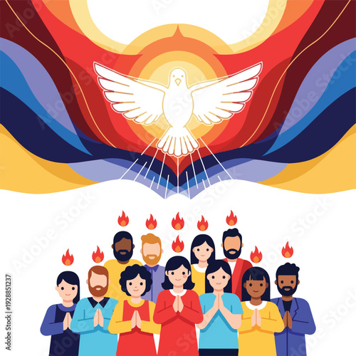 A group of people with flames above their heads, dove above