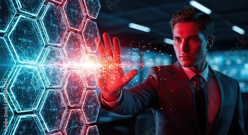 A businessman's hand holds a burning cigarette as a digital power concept, connecting global network technology and future energy design in a glowing x-ray light