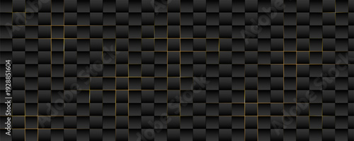 Luxury abstract black metal background with golden light lines. Dark 3d geometric texture illustration. Bright grid pattern. Pure black horizontal banner wallpaper.