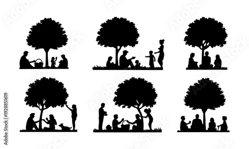People enjoying leisure time under trees in a park or outdoor setting with friends and family members present