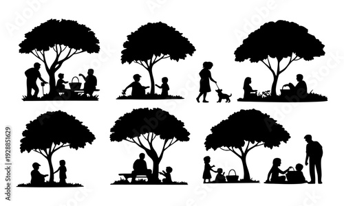 People enjoying leisure time under trees in a park or outdoor setting with friends and family members present