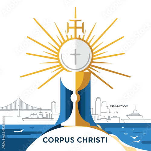 A holy chalice with the sunburst, a cross and a cityscape