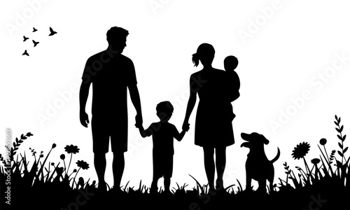 Silhouette of a family with a dog walking hand in hand outdoors in a field of grass and flowers