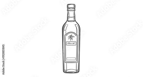 Hand drawn illustration of a clear glass bottle with a label.
