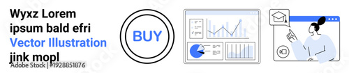Circular buy button, analytics charts, and female figure in a virtual learning environment. Ideal for e-commerce, business, data analysis, education, technology, marketing and simple landing page