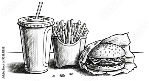 Hand drawn illustration of a delicious fast food meal with burger, fries, and drink.