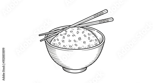 Hand drawn illustration of a bowl of rice with chopsticks.