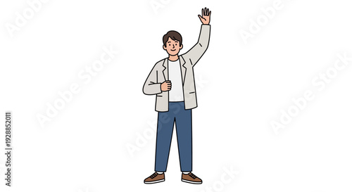 A cartoon illustration of a man standing and waving his hand, depicting a friendly greeting or acknowledgment.