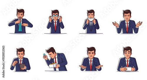A cartoon businessman character demonstrating various actions and emotions in a professional setting.