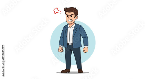 A cartoon illustration of an angry man with clenched fists and a frustrated expression, showing his irritation.
