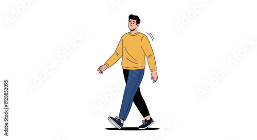 Cartoon illustration of a young man walking forward, wearing a yellow sweater and two-tone pants, on a white background.